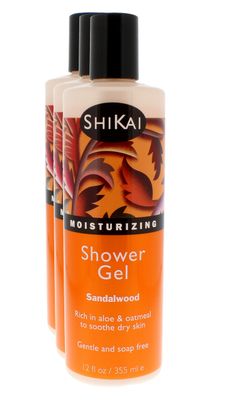 ShiKai Daily Moisturizing Shower Gel (Sandalwood, 12oz, Pack of 3) | Gentle Formula | Aloe Vera &amp; Oatmeal for Soft, Healthy Skin | Dry Skin Relief