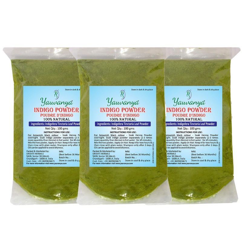 Yauvanya Pure Indigo Powder - Indigofera Tinctoria (100% natural, chemical free, ammonia free) Hair Color for hair - 300 Gms (3 packets of 100 Gms each)