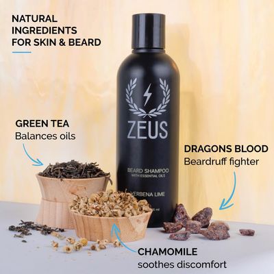 ZEUS Beard Shampoo - Cleansing &amp; Moisturizing with Green Tea &amp; Natural Ingredients to Soften, 8 oz (Made in USA) Verbena Lime
