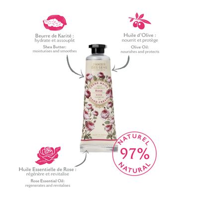 Panier des Sens - Small Hand Cream for Dry Cracked Hands - Rose Mini Hand Lotion for Dry Skin - With Shea Butter and Olive Oil - Hand Care 97% Natural Ingredients - Travel Size 1 floz
