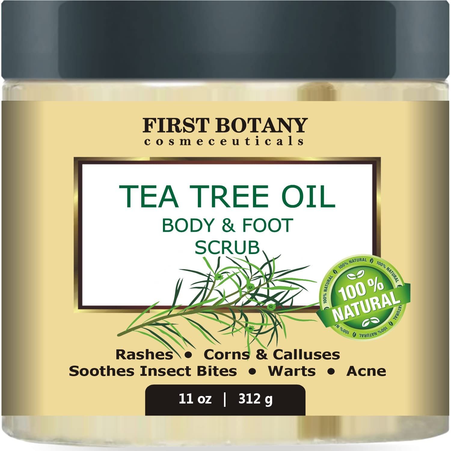 First Botany Cosmeceuticals, 100% Natural Tea Tree Oil Body &amp; Foot Scrub with Salt - Best for Acne, Dandruff and Warts, Helps with Corns, Calluses, Athlete foot, Jock Itch &amp; Body Odor