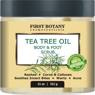 First Botany Cosmeceuticals, 100% Natural Tea Tree Oil Body &amp; Foot Scrub with Salt - Best for Acne, Dandruff and Warts, Helps with Corns, Calluses, Athlete foot, Jock Itch &amp; Body Odor
