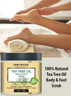 First Botany Cosmeceuticals, 100% Natural Tea Tree Oil Body &amp; Foot Scrub with Salt - Best for Acne, Dandruff and Warts, Helps with Corns, Calluses, Athlete foot, Jock Itch &amp; Body Odor