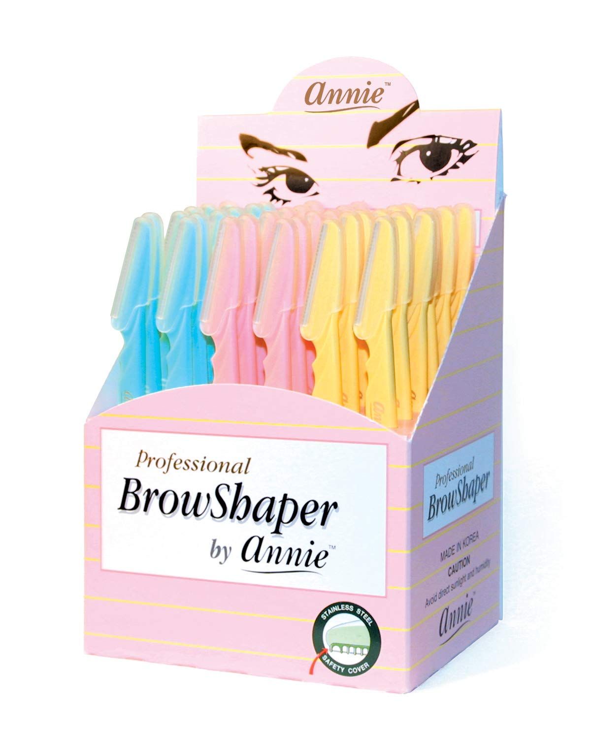 Annie - Professional BrowShaper - (36) Pack - Blue/Pink/Yellow - Stainless Steel - Safety Cover - Professional Shaping in Seconds