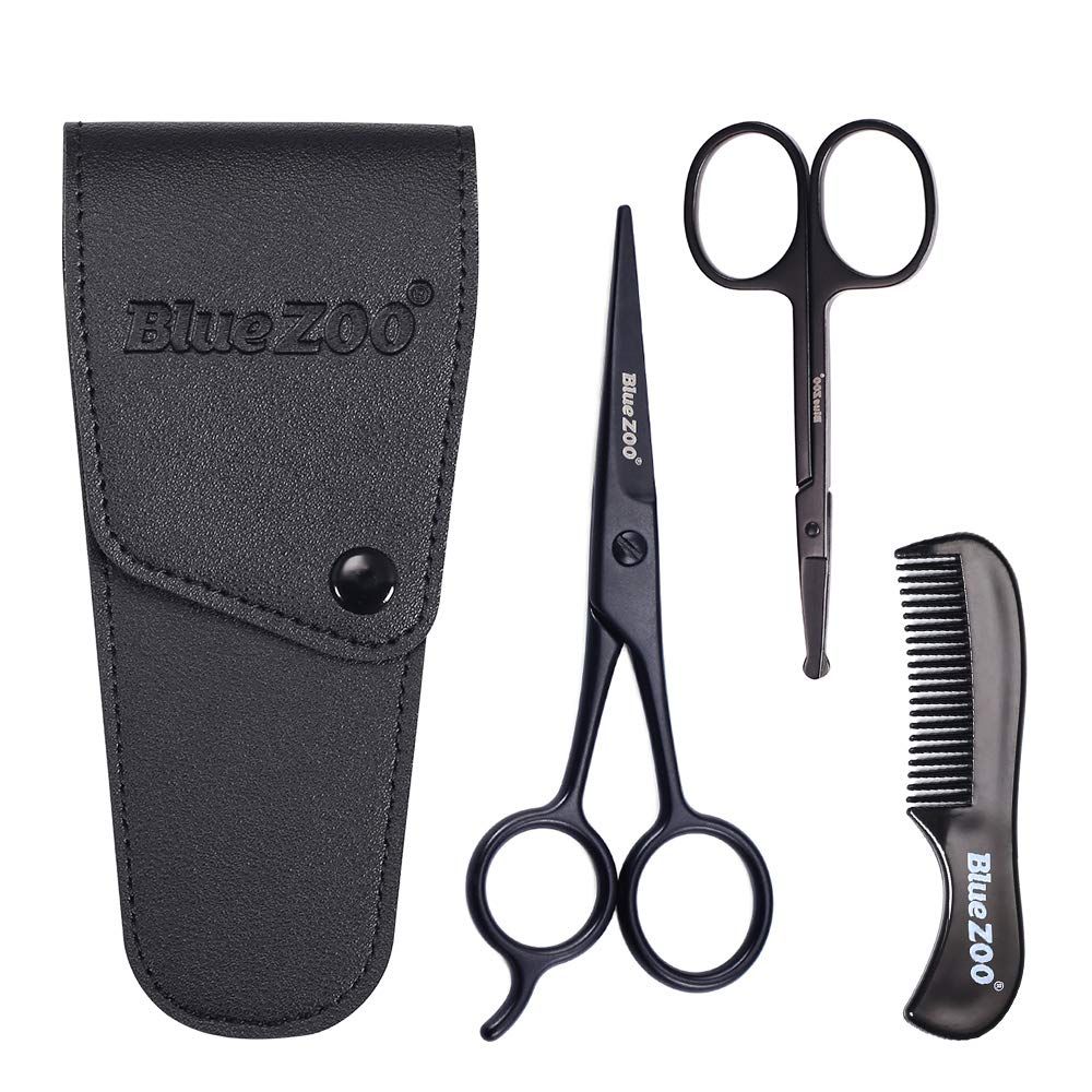 BlueZOO Beard Mustache Scissors and Comb Kit with PU Storage Bag, Rounded Safety Nose Hair Scissor for Men and Women Care Grooming, Ear Trimming Tool, Shears for Personal Grooming, Cutting &amp; Styling