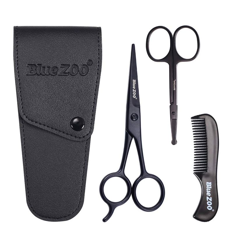 BlueZOO Beard Mustache Scissors and Comb Kit with PU Storage Bag, Rounded Safety Nose Hair Scissor for Men and Women Care Grooming, Ear Trimming Tool, Shears for Personal Grooming, Cutting &amp; Styling