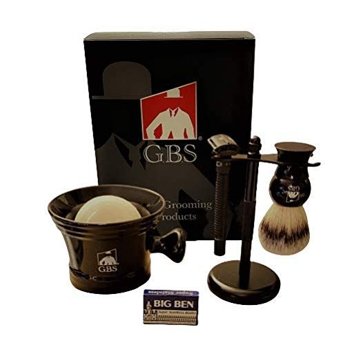 G.B.S Men's Grooming Set - Double Edge Safety Razor Rubber Coated Butterfly Non-Slip Long Razor, All-Natural Soap, Synthetic Brush Stand, Ceramic Mug, Includes 15 DE Blades