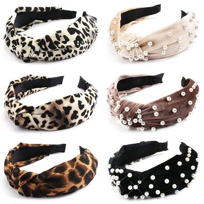 TOBATOBA Pearl and Leopard Print Headbands - Cute Beaded Wide Knot Hair Accessories for Women and Girls