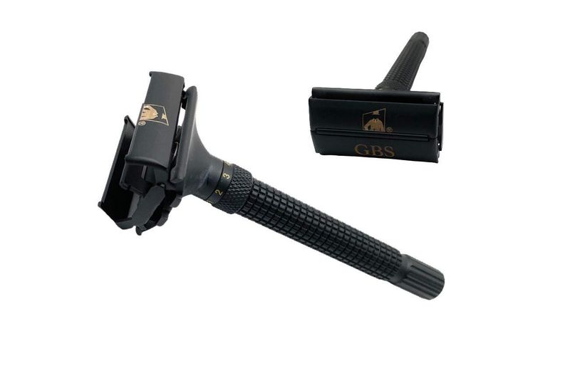 G.B.S Men's Grooming Set - Double Edge Safety Razor Rubber Coated Butterfly Non-Slip Long Razor, All-Natural Soap, Synthetic Brush Stand, Ceramic Mug, Includes 15 DE Blades
