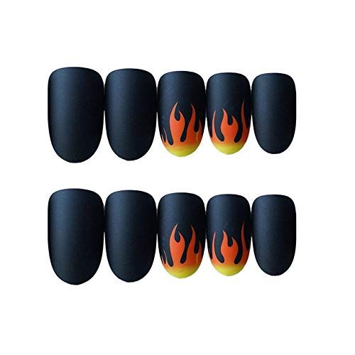 JINDIN 24 Sheet Press On Nails Short Design Acrylic Black False Nail Full Cover Oval Fake Nail Tips Matte Sticker on Nails for Women Nails Glue On Manicure Art Flame Decoration