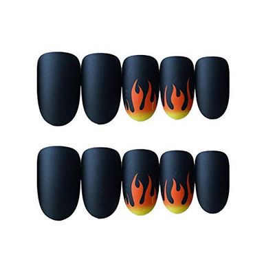 JINDIN 24 Sheet Press On Nails Short Design Acrylic Black False Nail Full Cover Oval Fake Nail Tips Matte Sticker on Nails for Women Nails Glue On Manicure Art Flame Decoration