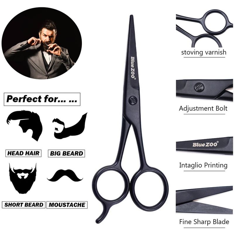 BlueZOO Beard Mustache Scissors and Comb Kit with PU Storage Bag, Rounded Safety Nose Hair Scissor for Men and Women Care Grooming, Ear Trimming Tool, Shears for Personal Grooming, Cutting &amp; Styling