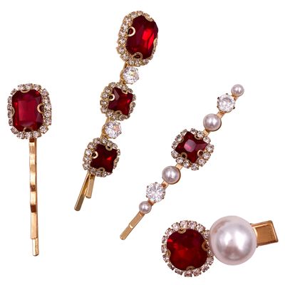 4PCS Vintage Ruby Red Crystal Pearl Gold Bobby Pins Decorative Hair Slides Clips Accessories Women