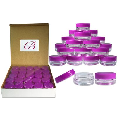 Beauticom (100 Pieces Jars + Lid) 3G/3ML Round Clear Jars with PURPLE Screw Cap Lids for Scrubs, Oils, Toner, Salves, Creams, Lotions, Makeup Samples, Lip Balms - BPA Free