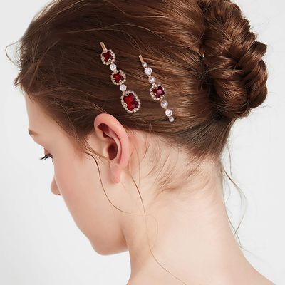 4PCS Vintage Ruby Red Crystal Pearl Gold Bobby Pins Decorative Hair Slides Clips Accessories Women