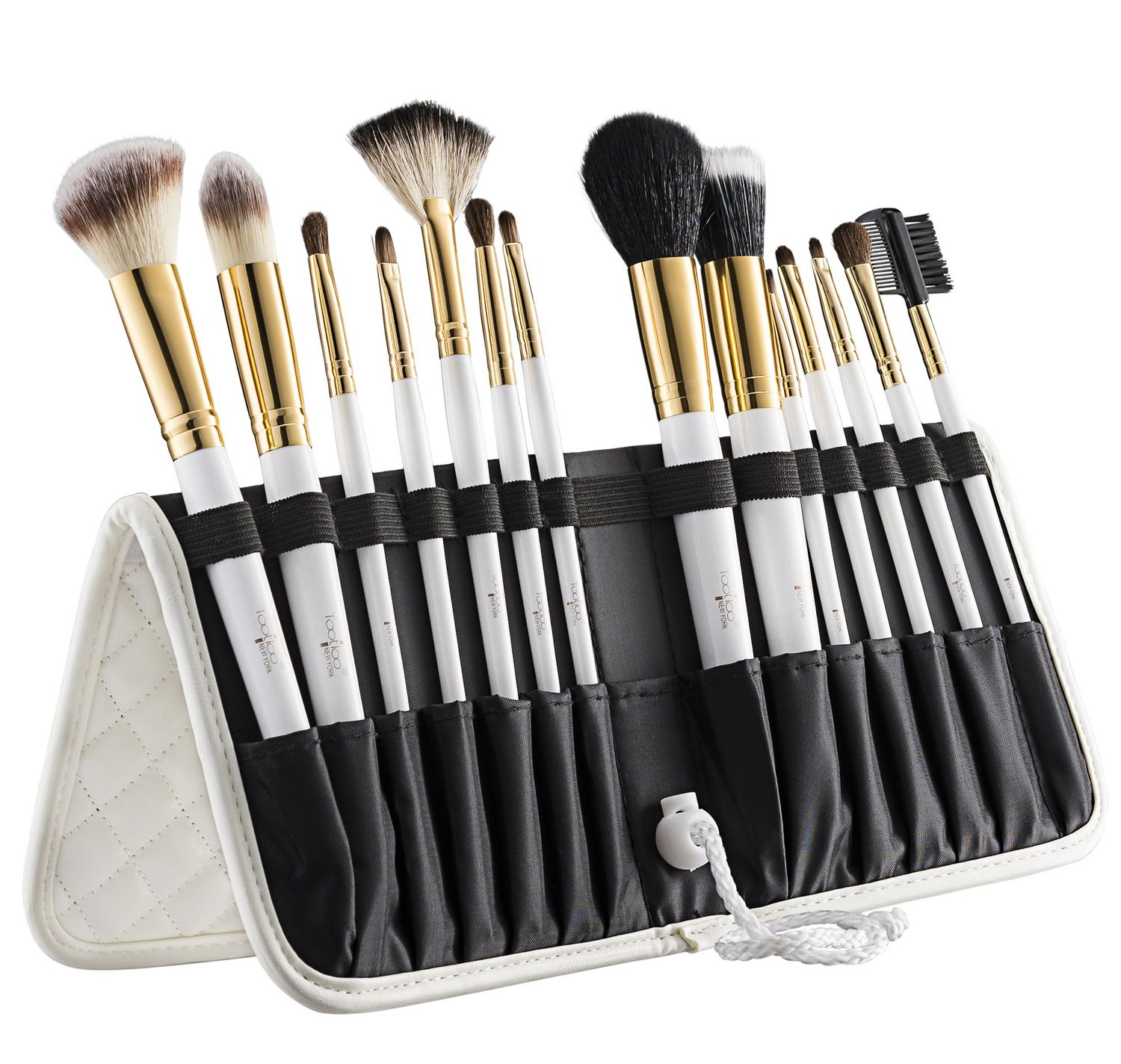 Tootloos 14 PC Makeup White Brush Set - Superior Quality Makeup Brushes. Durable, Lightweight &amp; Made of Aluminum Ferule. Free Leather Standing Easel Case &amp; Blender Brush Included - Great Gift Idea!