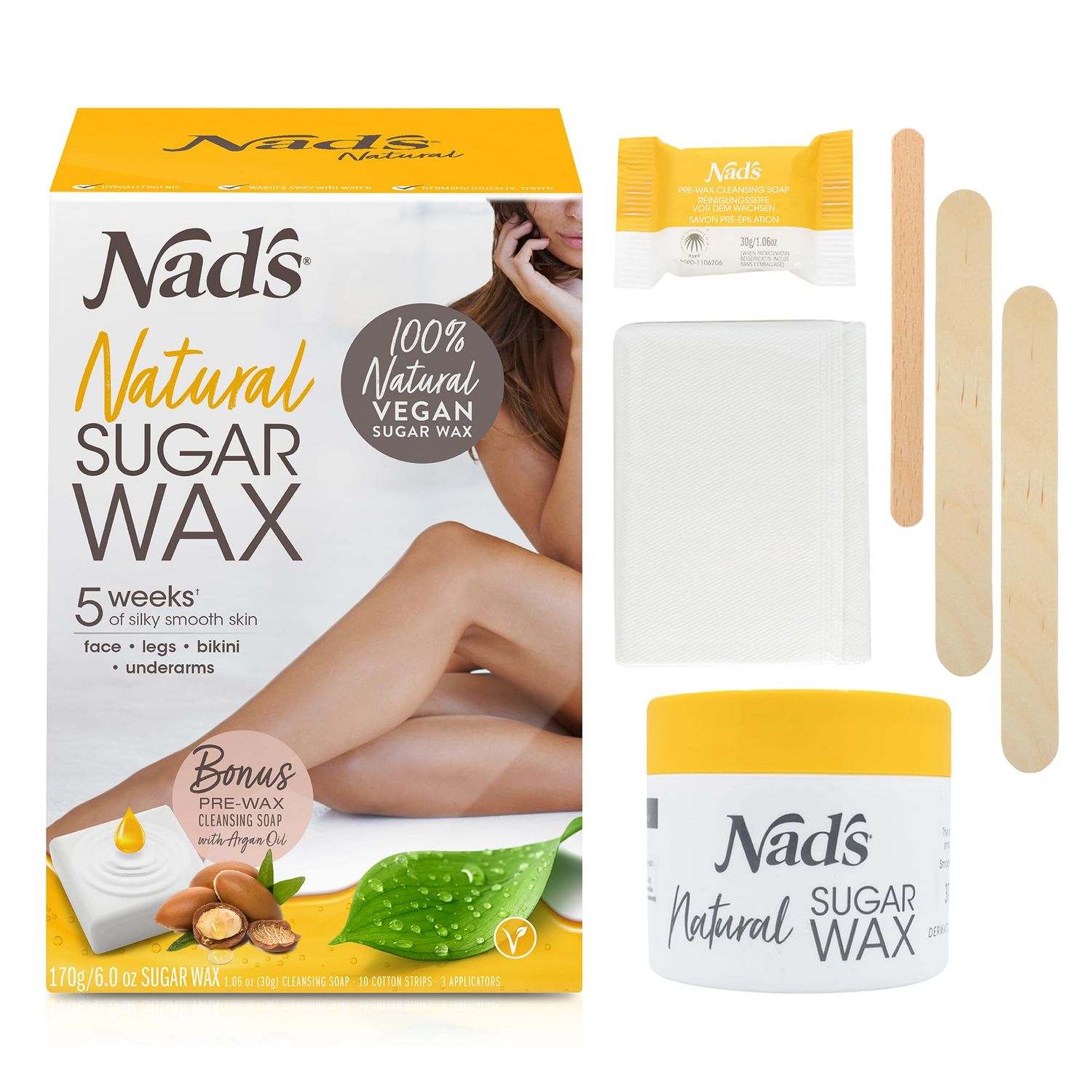 Nad&#39;s Wax Hair Removal For Women - Body+Face Wax - All Skin Types - At Home Waxing Kit With 6 Oz Sugar Wax, Cleansing Soap, Wooden Spatula, Re-Usable Cotton Strips