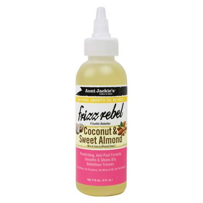 Aunt Jackie&#39;s Natural Growth Oil Blends Frizz Rebel - Coconut and Sweet Almond, Smooths and Shines Dry, Rebellious Tresses, Anti-Poof Formula, 4 oz