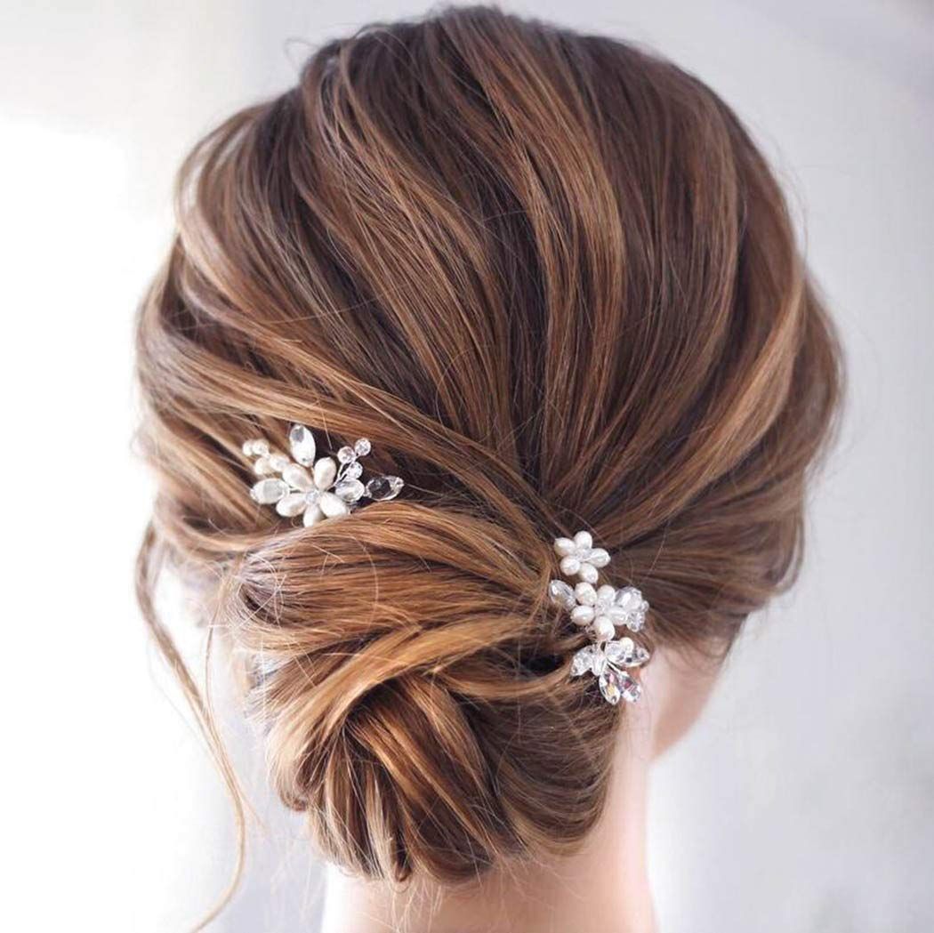 Catery Flower Bride Wedding Hair Pins Crystal Pearl Hair Set Jewelry Headpieces Bridal Decorative Hair Accessories for Women Pack of 2 (Rose Gold)