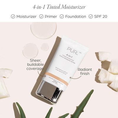 PUR Beauty 4-in-1 Tinted Moisturizer with SPF 20 - Hydrating Skin Tint Face Moisturizer, Primer &amp; Foundation with Shea Butter, Aloe Vera &amp; Vitamin B3 - Vegan Friendly, Paraben Free (Light)