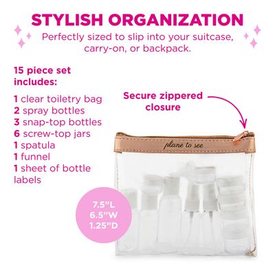 Miamica Plane to See TSA Compliant Travel Toiletry Bag - Includes 15 Pieces - 7.5 L x 6.5 W x 1.25 D, Clear/Rose Gold - Cute Travel Gifts