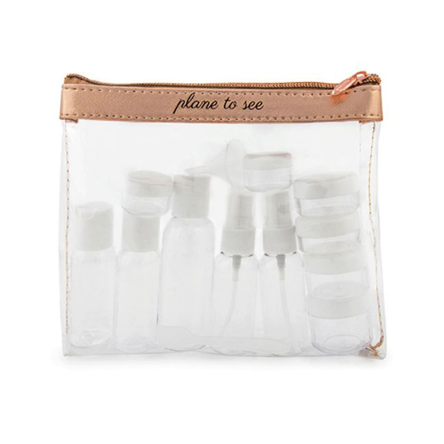 Miamica Plane to See TSA Compliant Travel Toiletry Bag - Includes 15 Pieces - 7.5 L x 6.5 W x 1.25 D, Clear/Rose Gold - Cute Travel Gifts