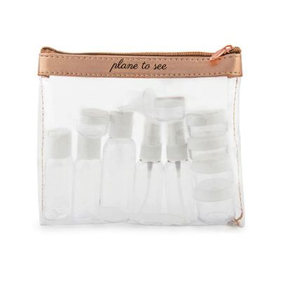 Miamica Plane to See TSA Compliant Travel Toiletry Bag - Includes 15 Pieces - 7.5 L x 6.5 W x 1.25 D, Clear/Rose Gold - Cute Travel Gifts