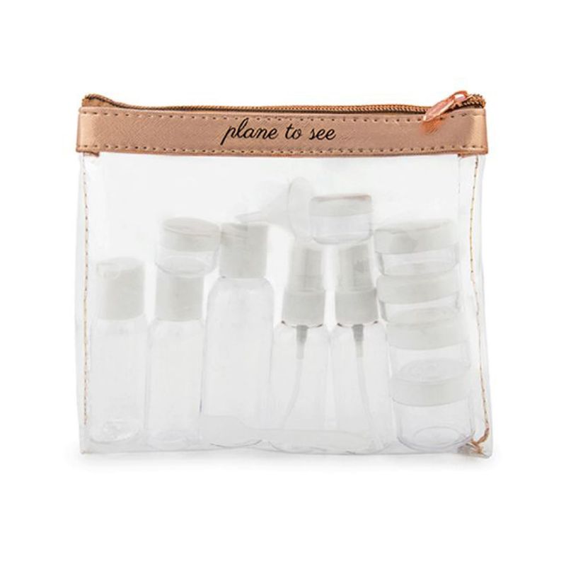 Miamica Plane to See TSA Compliant Travel Toiletry Bag - Includes 15 Pieces - 7.5 L x 6.5 W x 1.25 D, Clear/Rose Gold - Cute Travel Gifts