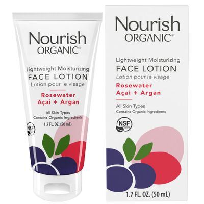 Nourish Organic Face Lotion, Rosewater Acai + Argan - Lightweight Moisturizer for Face with Aloe Vera, Shea Butter &amp; Vitamin C, 1.7 Oz + Washable Cotton Round