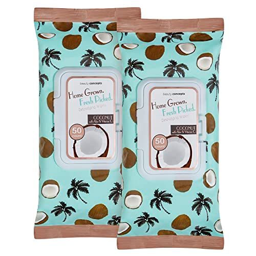 B.C. Beauty Concepts Makeup Remover Wipes - Gentle Facial Wipes for Easy Makeup Removal, 100 Count (Pack of 2), Coconut with Aloe &amp; Vitamin C