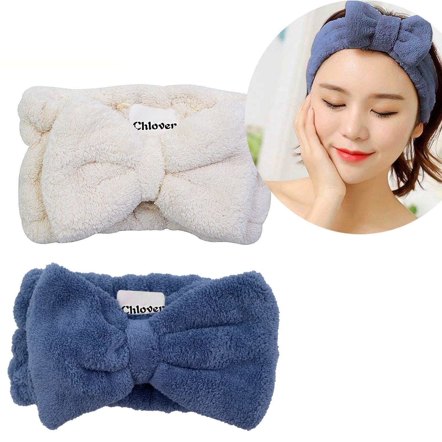 Chloven 2 Pack Microfiber Bowtie Headbands Facial Makeup Headband Cosmetic Bowknot Hairlace Wash Spa Yoga Sports Shower Adjustable Elastic Hair Band for Girls and Women