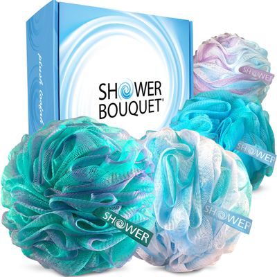 SHOWER BOUQUET Loofah-Bath-Sponge XL Swirl-Mix-Color 4-Pack // Extra-Large 75g Mesh Luffa Loofa Loufa Puff Pouf Set/Exfoliating Body Scrubber for Women and Men - Exfoliate &amp; Soothe Face &amp; Body