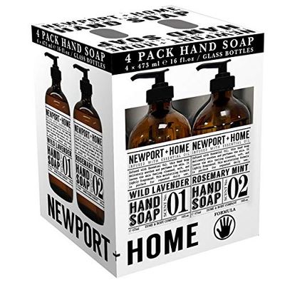 4 Bottles, Newport + Home Hand Soap, 2 Rosemary Mint, 2 Wild Lavender 16oz, Infused with Essential Oil, By Home &amp; Body Co