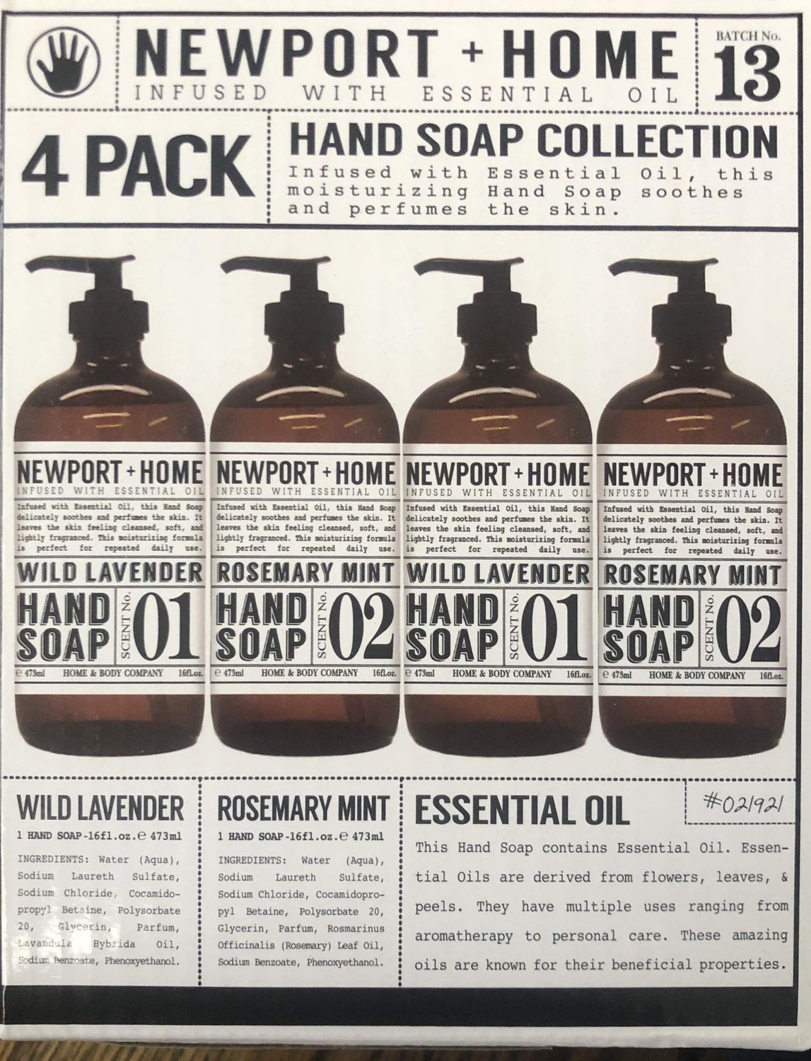 4 Bottles, Newport + Home Hand Soap, 2 Rosemary Mint, 2 Wild Lavender 16oz, Infused with Essential Oil, By Home &amp; Body Co