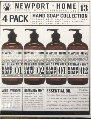 4 Bottles, Newport + Home Hand Soap, 2 Rosemary Mint, 2 Wild Lavender 16oz, Infused with Essential Oil, By Home &amp; Body Co