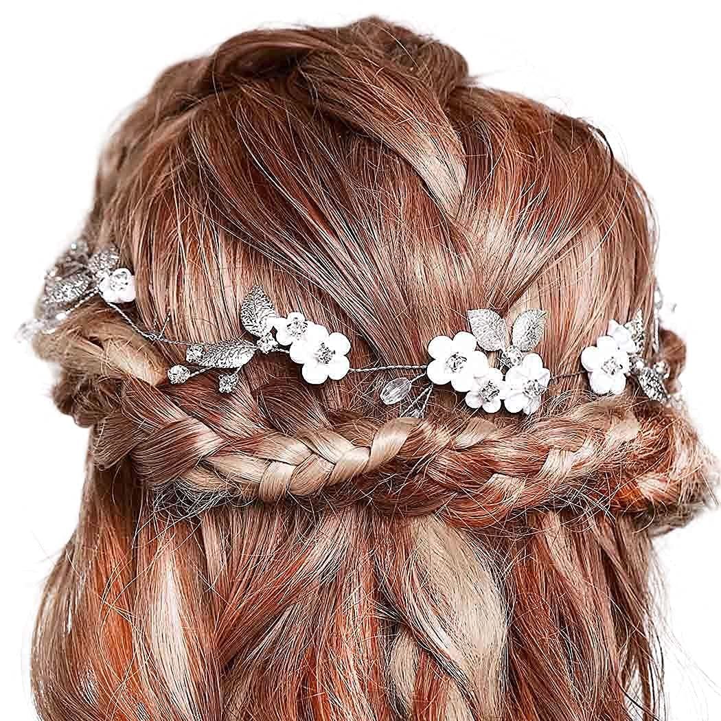 Campsis Wedding Bridal Flower Hair Vines Silver Rhinestone Handmade Hair Piece Crystal Leaf Hair Accessories Porm Birthday Party Show Photography for Women and Girls