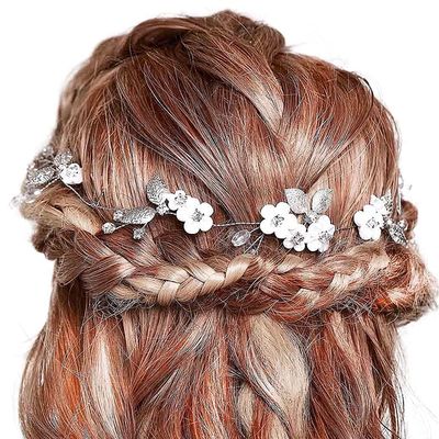 Campsis Wedding Bridal Flower Hair Vines Silver Rhinestone Handmade Hair Piece Crystal Leaf Hair Accessories Porm Birthday Party Show Photography for Women and Girls