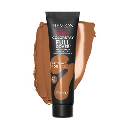 Revlon ColorStay Full Cover Longwear Matte Foundation, Heat &amp; Sweat Resistant Lightweight Face Makeup, Almond (405), 1.0 oz