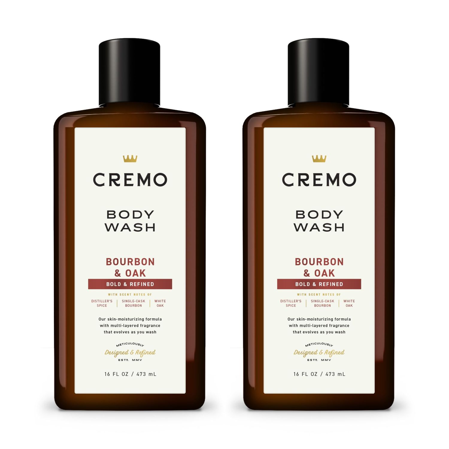 Cremo Rich-Lathering Bourbon &amp; Oak Body Wash, A Sophisticated Blend of Distillers Spice,16 Fl Oz (2-Pack), Packaging may vary