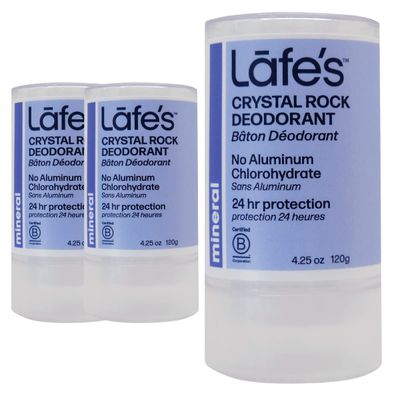 Lafe&#39;s | Unscented Crystal Mineral Rock Natural Deodorant for Women &amp; Men | Vegan, Cruelty Free, Gluten Free, Paraben Free &amp; Baking Soda Free with 24-Hour Protection; 3 Pack (4.25 oz each)