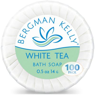 BERGMAN KELLY - Hotel Soap Bars - White Tea, 0.5 oz, 100 PK - Travel Size Luxury Bulk Amenities Bar Soap, Mini Individually Wrapped Round Soap - Small Toiletries for Airbnb, Motel, Guest Bathroom