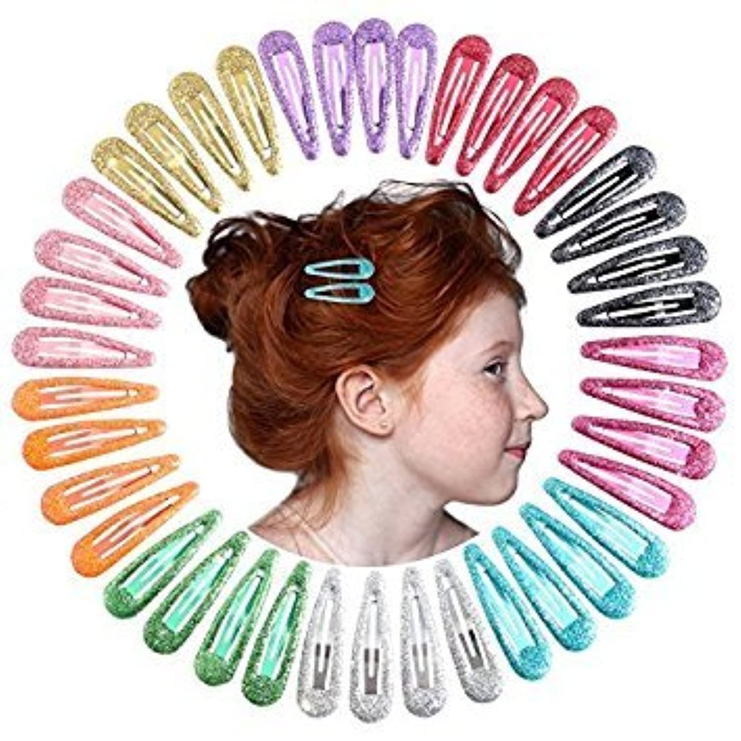 QtGirl Snap Hair Clips 40pcs 2&quot; No Slip Glitter Hair Clip Metal Hair Barrettes for Baby Girls Toddlers