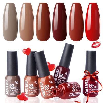Gellen Gel Nail Polish Set,Red Brown 6 Colors Gel Polish Set, All Season Neutral Nail Polish Soak Off UV Gel DIY Salon Home