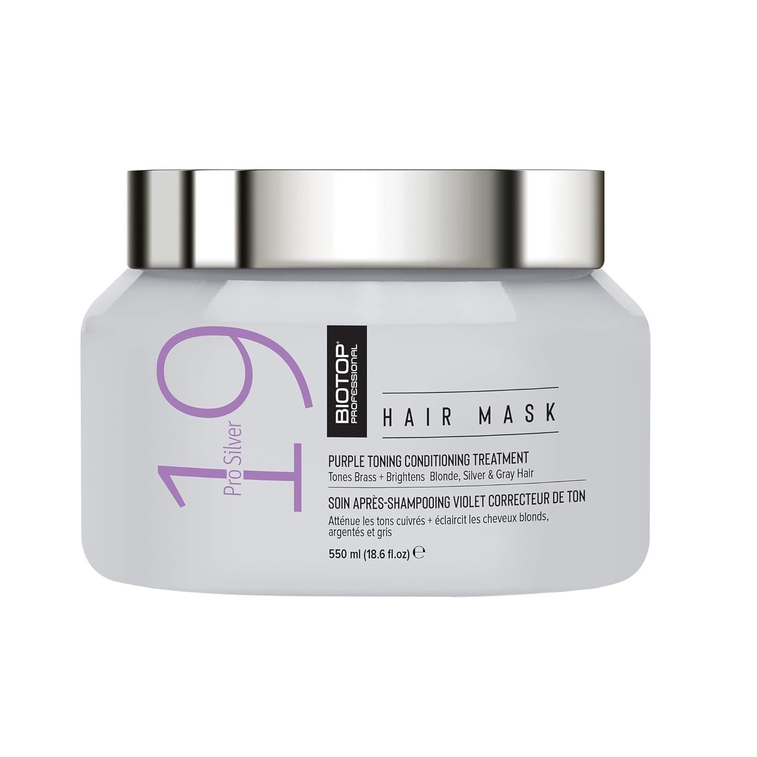Biotop Professional 19 Pro Silver Hair Mask - Moisturizes &amp; Eliminates Yellow and Brassy Tones - Hydrating Hair Mask For Blonde or Bleached Hair - 18.6 oz