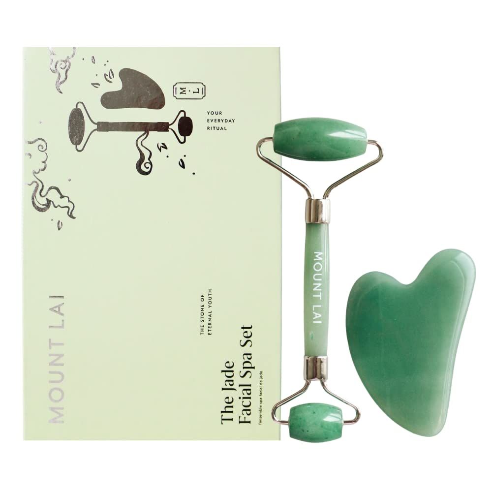 Mount Lai Jade Facial Spa Set, Jade Roller and Gua Sha Facial Tools Set, Guasha Tool for Face to Relieve Muscle Tension and Reduce Puffiness, Anti Aging Skin Care Sets for Women