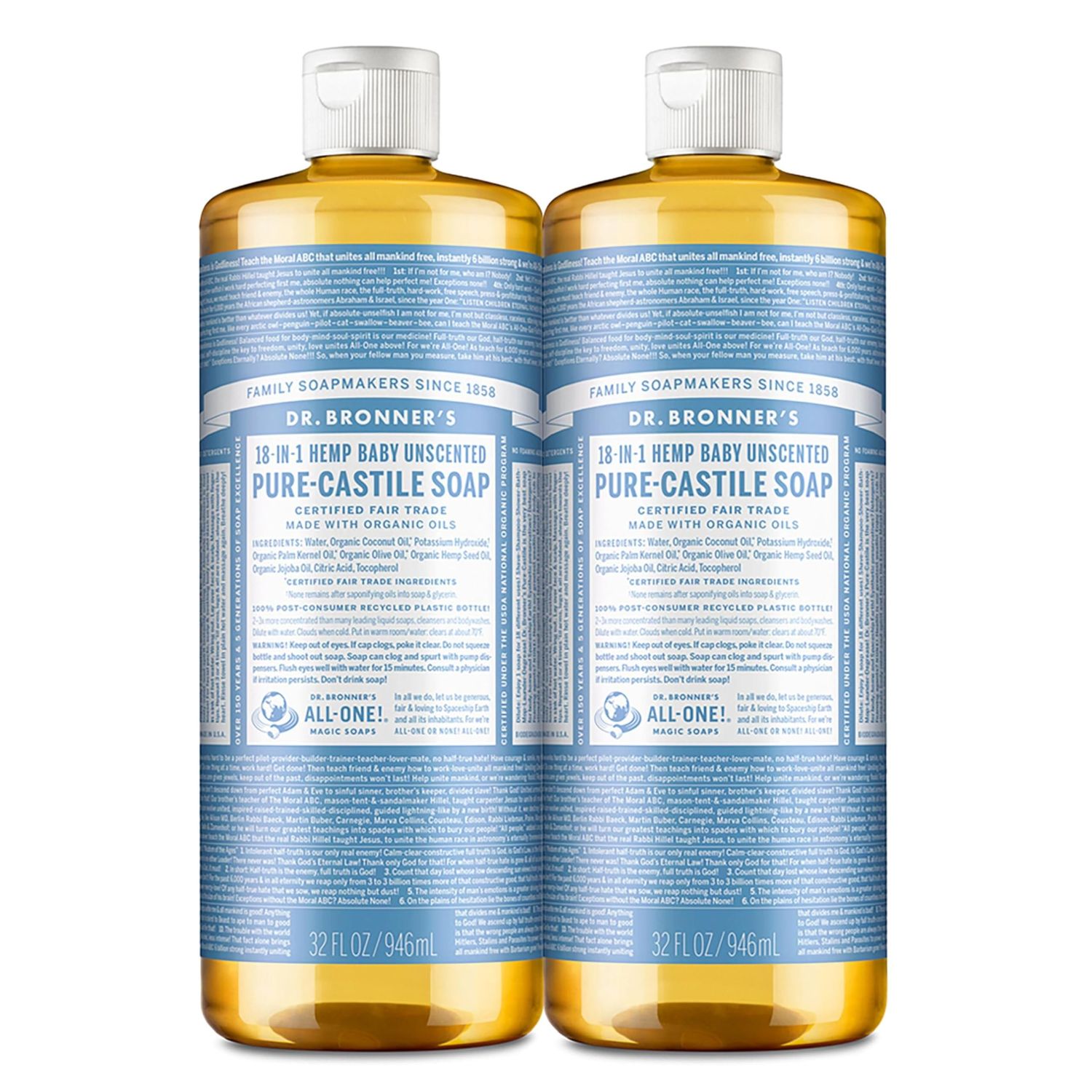 Dr. Bronner&#39;s - Pure-Castile Liquid Soap (Baby Unscented, 32 ounce, 2-Pack) - Made with Organic Oils, 18-in-1 Uses: Face, Hair, Laundry and Dishes, For Sensitive Skin and Babies, No Added Fragrance