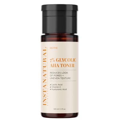 InstaNatural 7% Glycolic AHA Face Toner, Brightens, Reduces The Look of Pores and Uneven Texture, Gently Exfoliates, with Lactic Acid, Witch Hazel and Vitamin C, 4 Fl Oz