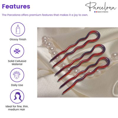 Parcelona French Slick Medium 3 Inch Tortoise Shell Wavy Crink U Shaped Chignon Bun Hair Pin (3 Pins) (Shell-Brown)