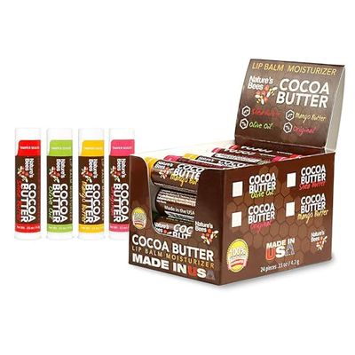 Nature&#39;s Bees - Cocoa Butter Lip Balm Moisturizer - Original 24 Pack, 4 Flavors - Original, Shea Butter, Mango Butter, Olive Oil - Made w/Coconut Oil, Beeswax, Vitamin E, Aloe - 0.15oz (4.2g)