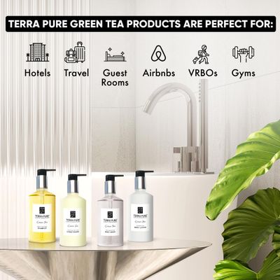 1-Shoppe Terra Pure Ecobox All-In-Kit | Green Tea Soap | 1 Shampoo, 1 Conditioner, 1 Body Lotion &amp; 1 Body Wash | 10.14oz Hotel Soaps and Toiletries Bulk | Personal Care Products